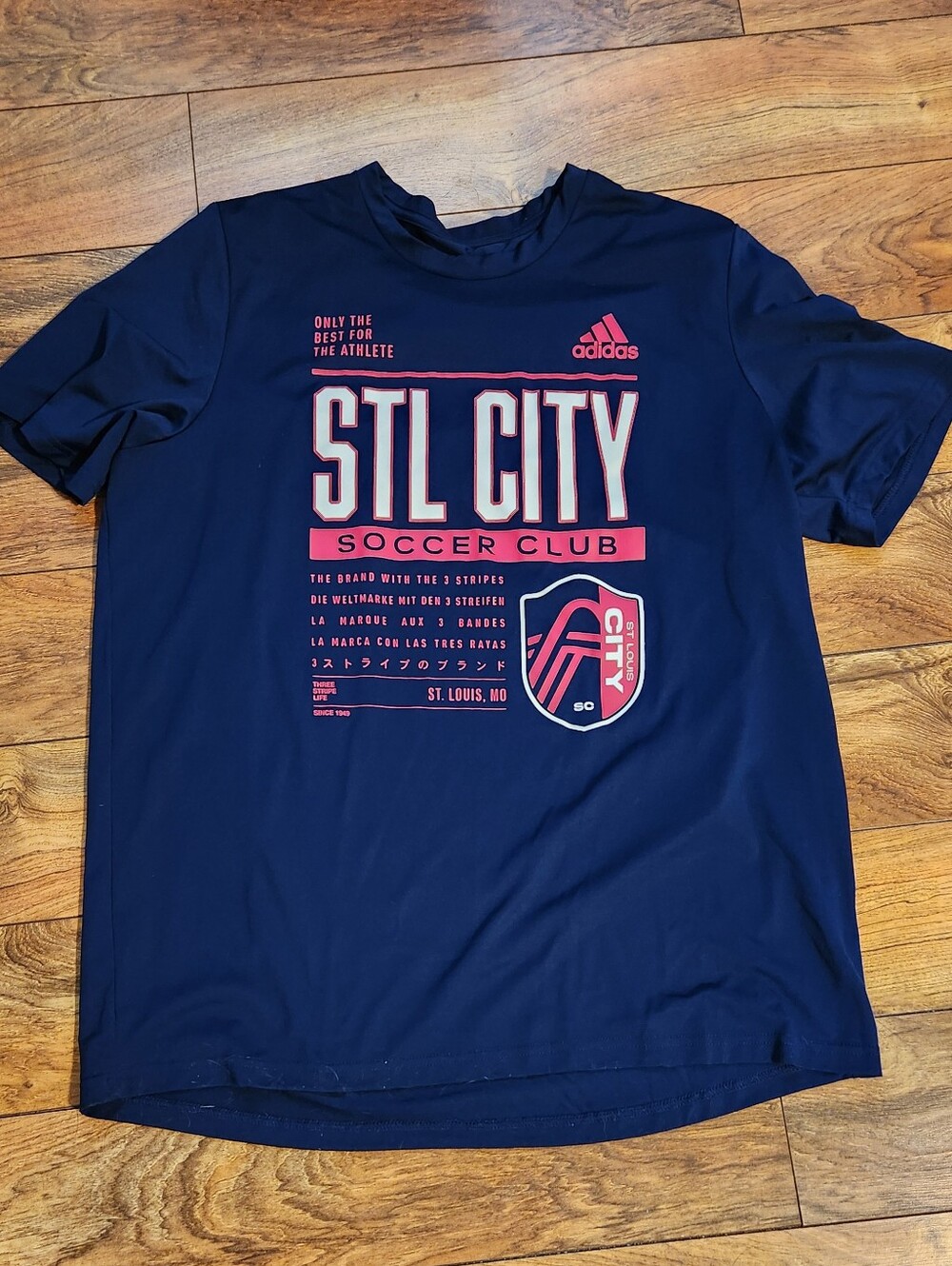 Adidas Navy STL City Soccer Club Graphic Tee with Red Accents, Size Xl